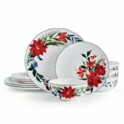 Deals ✔️ Mikasa® Merry Poinsettia 12 Piece Dinnerware Set, Service For 4 🎁