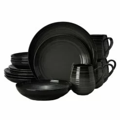 Best Sale ⭐ Mikasa® Swirl Black Coupe with Graphite Ombre Accent 16 Piece Dinnerware Set, Service for 4 😍